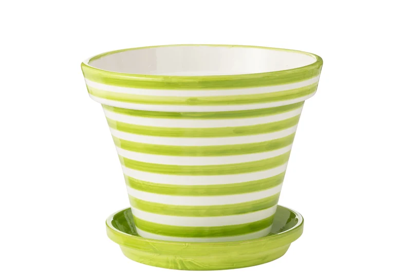 Vaso da fiori + piattino Granada Stripes, ceramica dipinta a mano, verde, XL