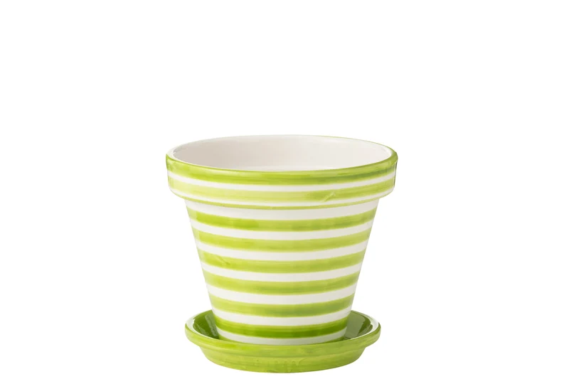 Vaso da fiori + piattino Granada Stripes, ceramica dipinta a mano, verde, L