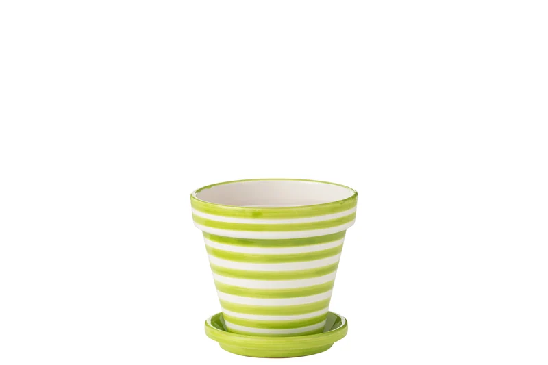 Vaso da fiori + piattino Granada Stripes, ceramica dipinta a mano, verde, M