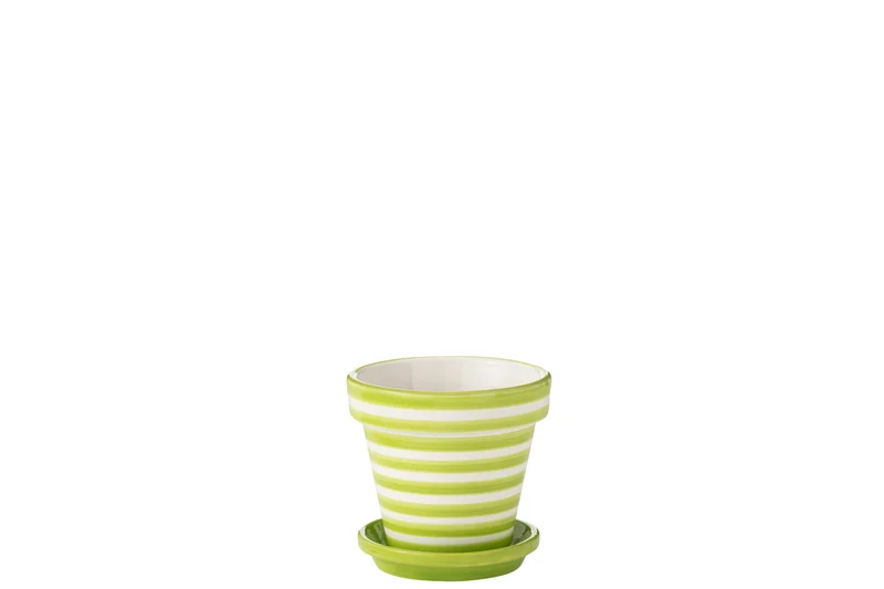Vaso da fiori + piattino Granada Stripes, ceramica dipinta a mano, verde, S