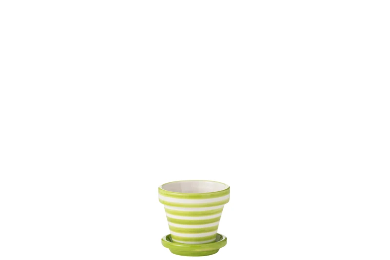 Vaso da fiori + piattino Granada Stripes, ceramica dipinta a mano, verde, XS