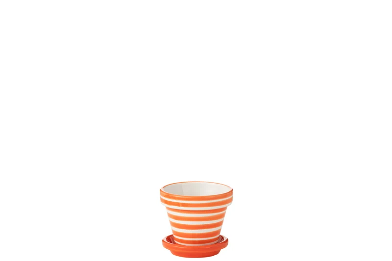 Vaso da fiori + piattino Granada Stripes, ceramica dipinta a mano, arancione, XS