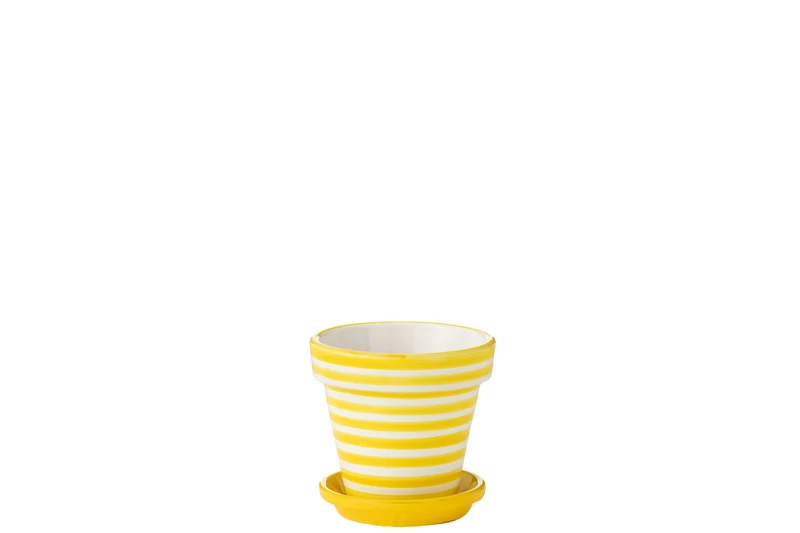 Vaso da fiori + piattino Granada Stripes, ceramica dipinta a mano, giallo, S