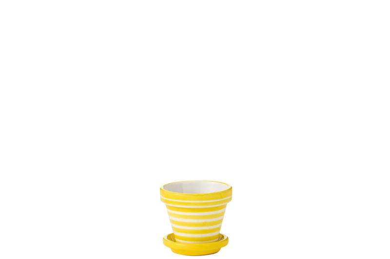 Vaso da fiori + piattino Granada Stripes, ceramica dipinta a mano, giallo, XS