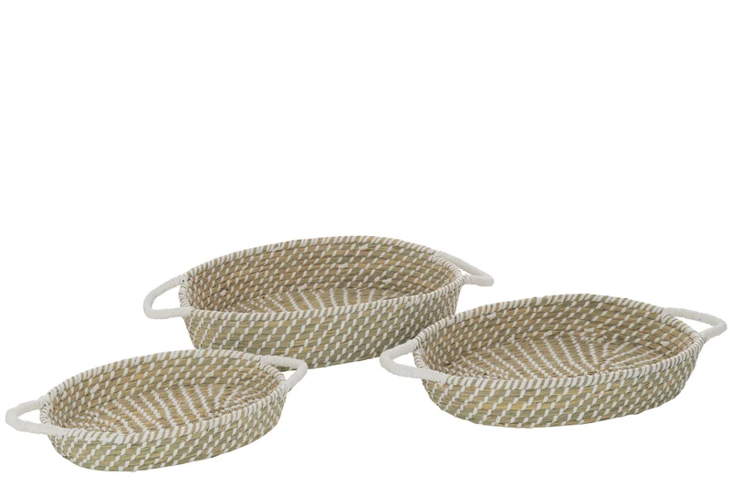 Set 3 Cesti Ovali Manico Paglia Naturale/Bianco