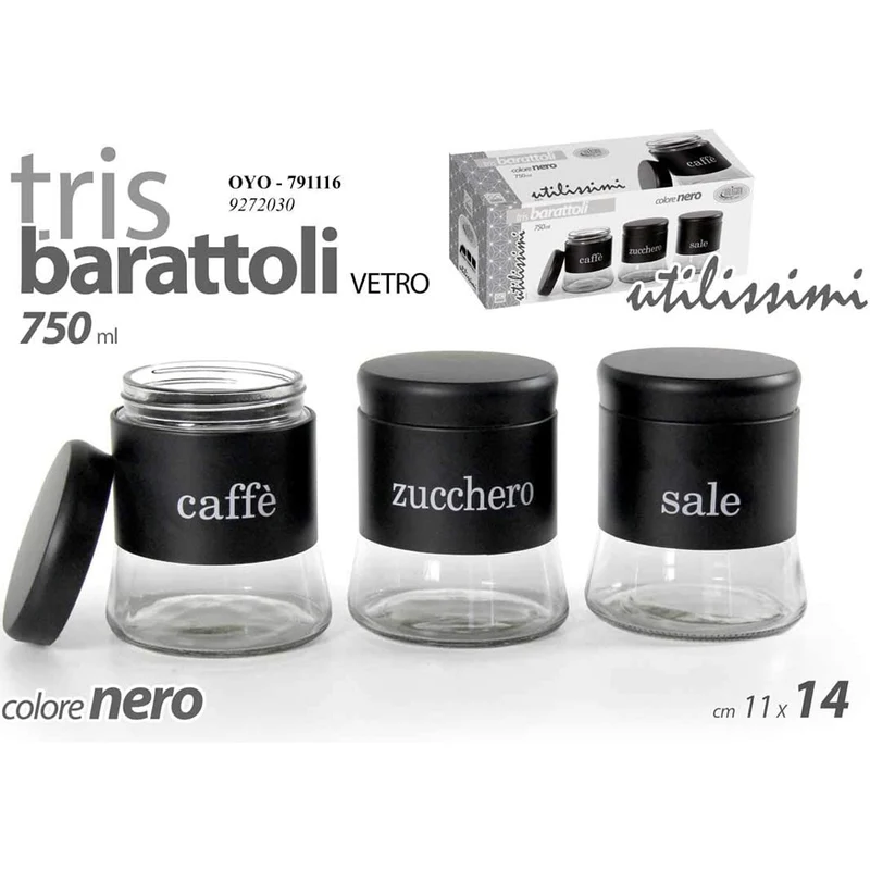 Set 3 Barattoli 11x14 cm Porta Caffe Zucchero Sale 750 ml Design Moderno in Vetro Nero