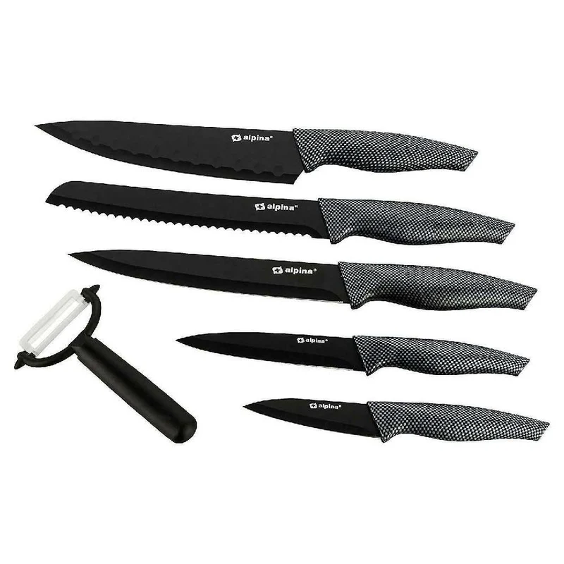 Set 6 Coltelli e Pelapatate Antiaderente per Carne e Pesce in Acciaio Inox Nero