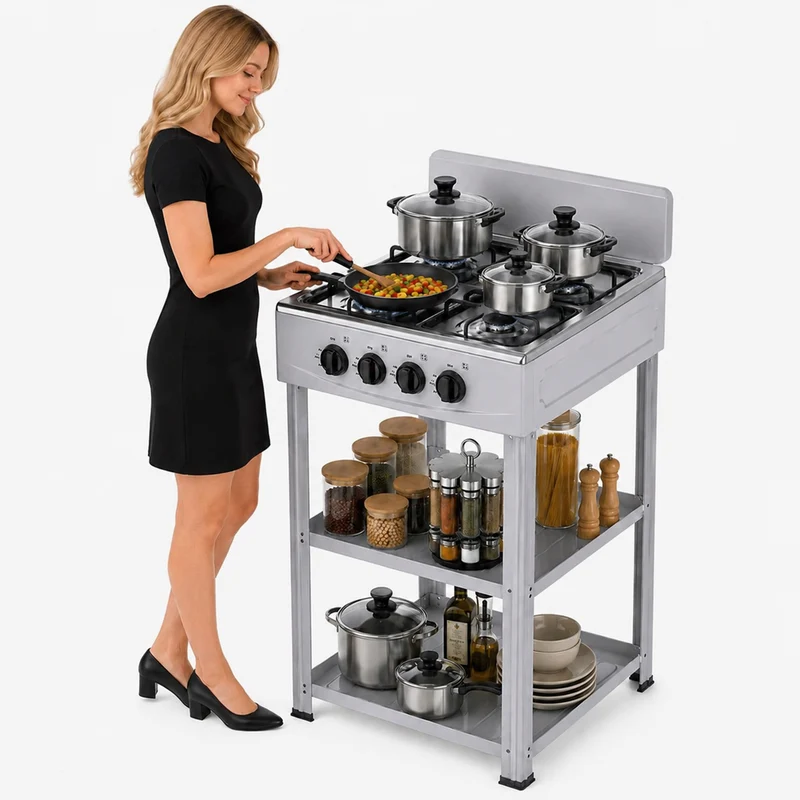 Cucina da Esterno 49x49x79cm con 4 Fuochi Cucinotto da Campeggio in Ferro Grigio