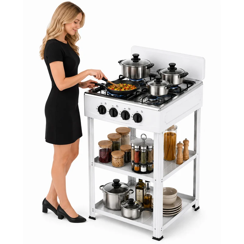 Cucina da Esterno 49x49x79cm con 4 Fuochi Cucinotto da Campeggio in Ferro Bianco