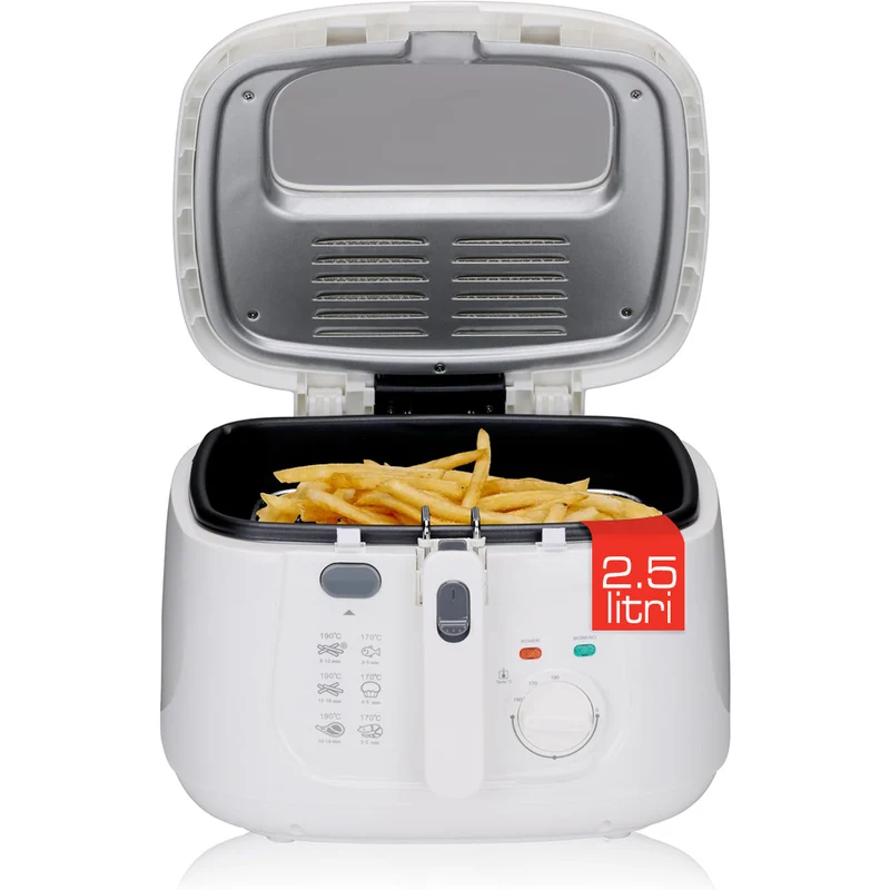 Friggitrice 2,5 Litri con Termostato Regolabile 1800W Coperchio e Maniglia Pieghevole Bianco
