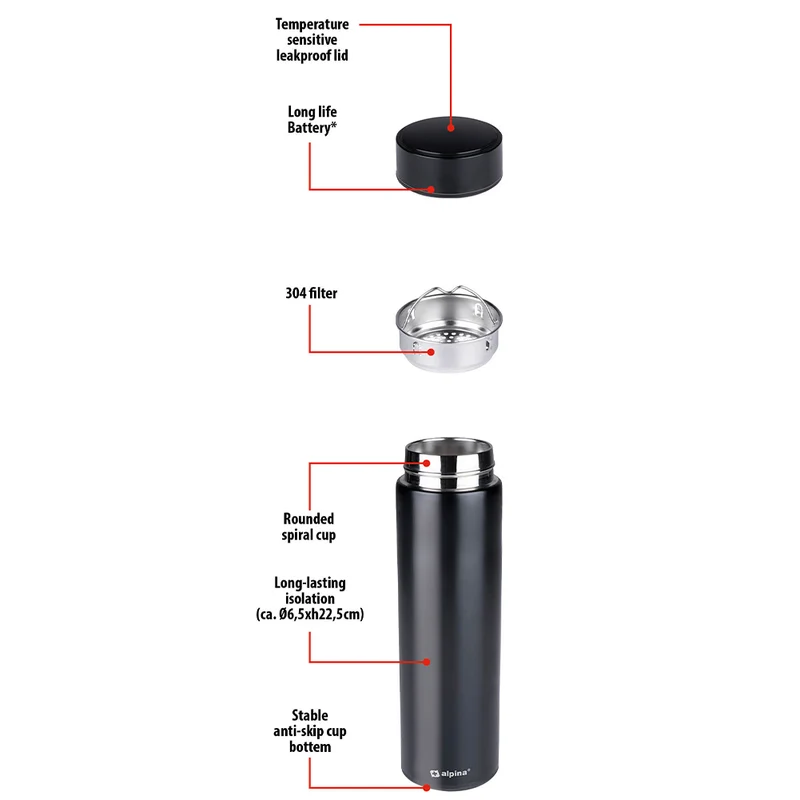 Thermos Digitale Borraccia Termica Capacità 480 ml Tappo Antiperdita in Acciaio Nero