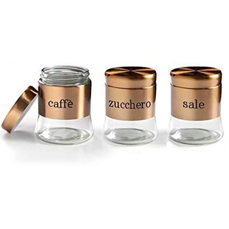 Set 3 Barattoli 750 ml Porta Caffe Zucchero Sale Ø11x14 cm in Acciaio e Vetro Rame