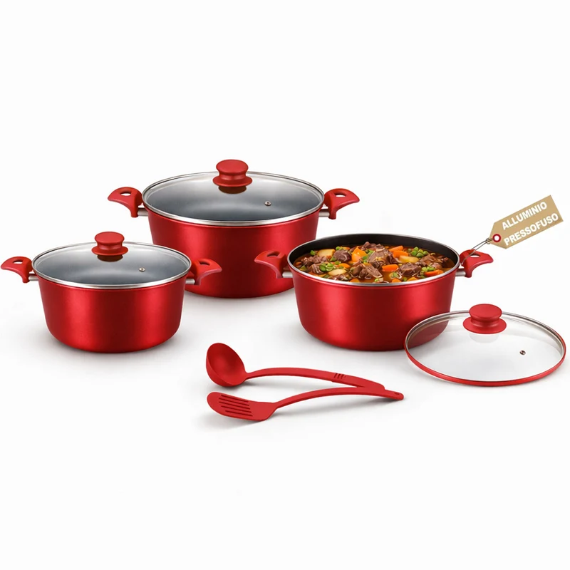 Set 3 Casseruole Milena con Coperchi e Mestoli Piano Cottura Universale Rosso