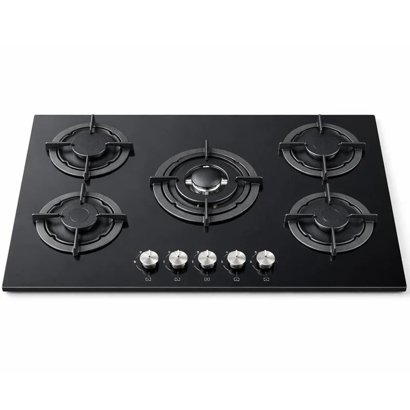 Piano Cottura a Incasso a Gas 5 Fuochi 86x51 cm con Valvola Sicurezza in Vetroceramica Nero