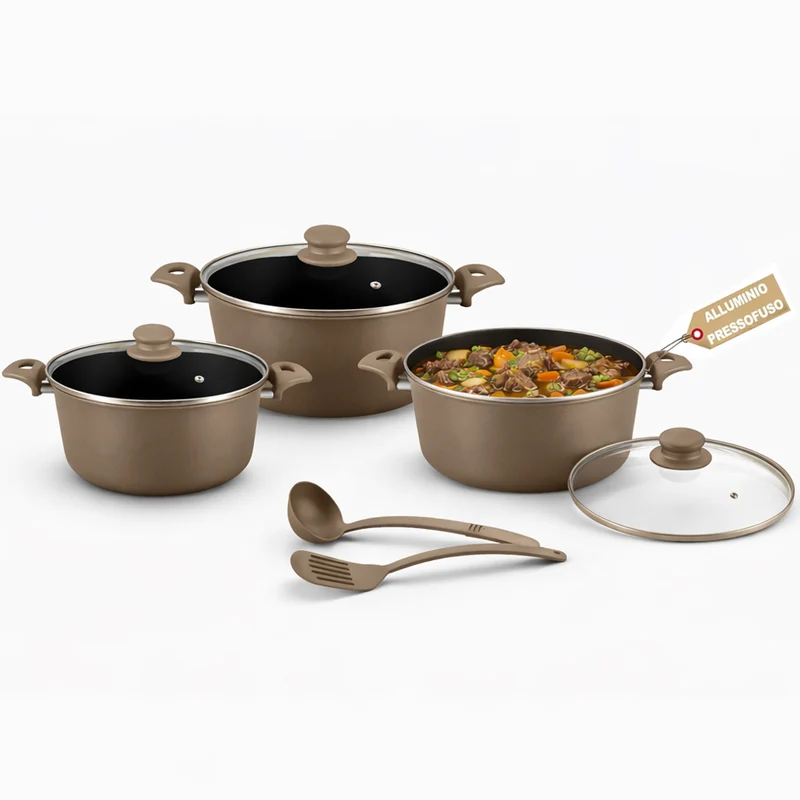 Set 3 Casseruole Milena con Coperchi e Mestoli Piano Cottura Universale Tortora