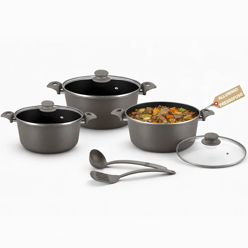Set 3 Casseruole Milena con Coperchi e Mestoli Piano Cottura Universale Grigio