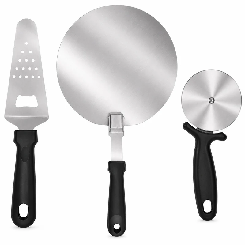 Set 3 Pezzi Accessori Pizza Spatola Pala e Taglierina Apribottiglie Integrato in Acciaio Inox Nero