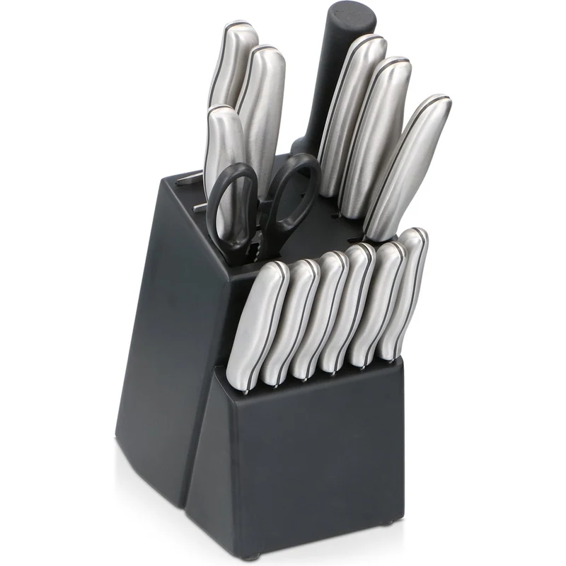 Ceppo Coltelli con 15 Pezzi Impugnatura Ergonomica in Acciaio Nero e Argento