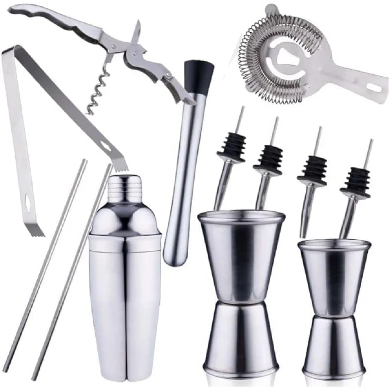 Set 14 Pezzi da Cocktail Completo con Shaker Stamper Jigger e Accessori in Acciaio Inox