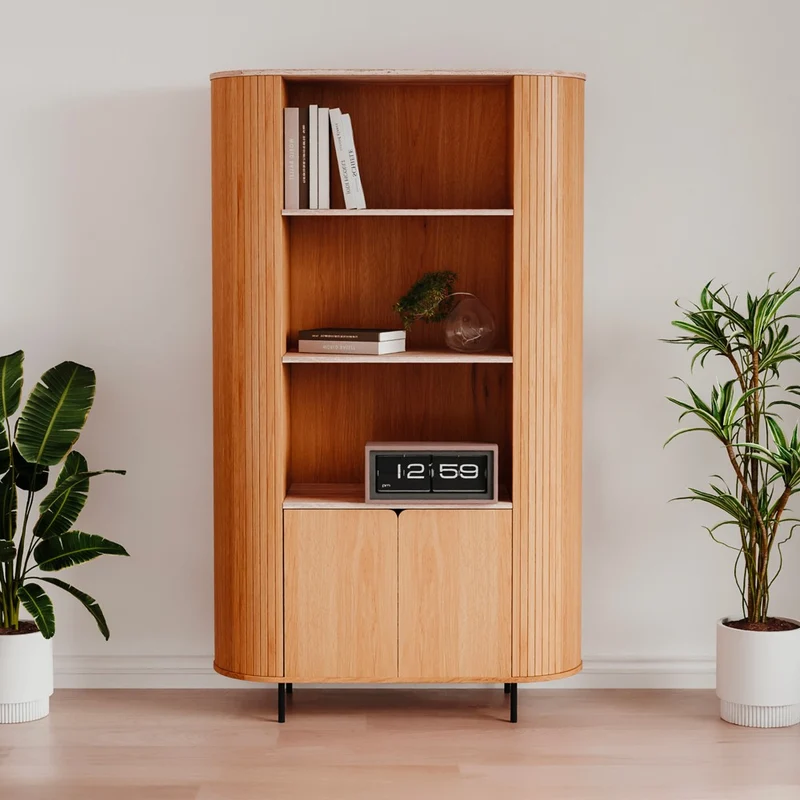 Credenza Fabia 53A 2 ante colore rovere e 3 vani a giorno con ripiani effetto travertino