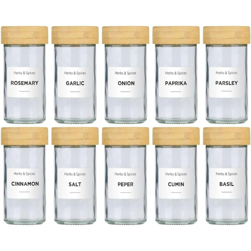 Set 12 Barattoli Portaspezie con Dosatore e Etichette Organizer da Cucina in Vetro e Bambù
