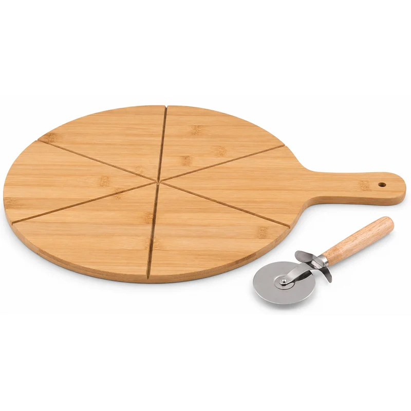 Tagliere per Pizza Ø34 cm in Bambù con Coltello Taglierina con Rotella in Acciaio Inox