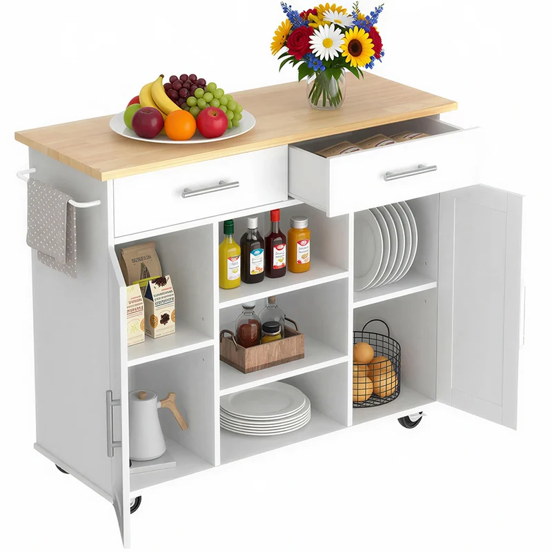 Carrello Isola da Cucina 90x46x100 cm Mobile con Cassetti con Ruote e Top Quercia Bianco