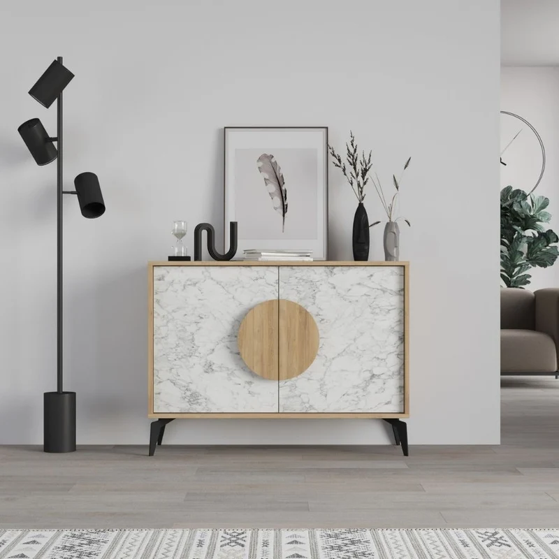 Madia Gora 110 cm struttura colore rovere con ante carrara effetto marmo bianco