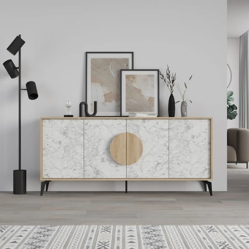 Madia Gora 180 cm struttura colore rovere con ante carrara effetto marmo bianco