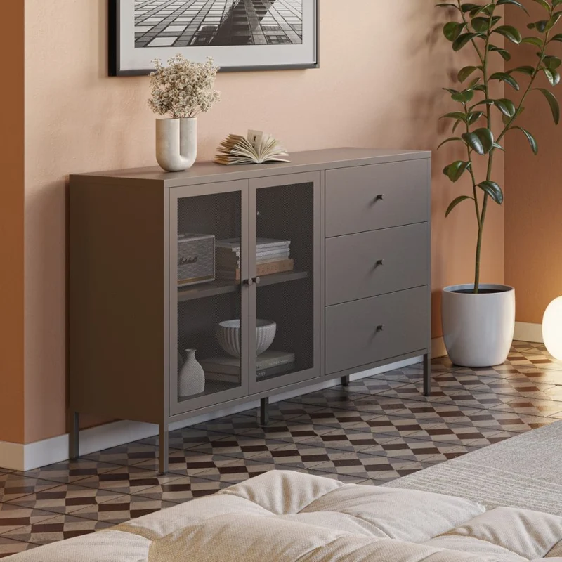 Credenza Fayna19352 in metallo con 2 ante e 3 cassetti colore mocha