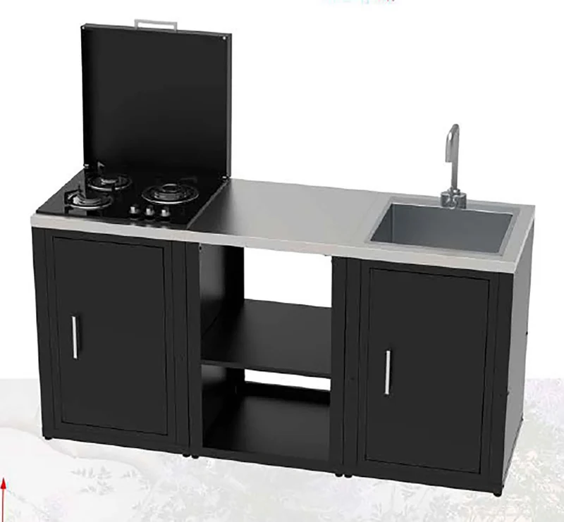 Composizione 3 Moduli Cucina Cucina 3 Fuochi a Gas + Unità d'Angolo + Mobile Lavandino Top in Acciaio Inox Nero