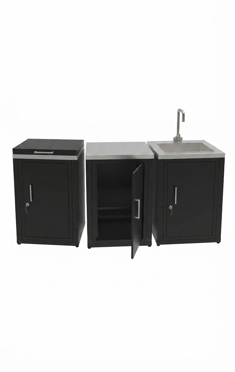 Composizione 3 Moduli Cucina Cucina 3 Fuochi a Gas + Armadietto con Anta + Mobile Lavandino Top in Acciaio Inox Nero