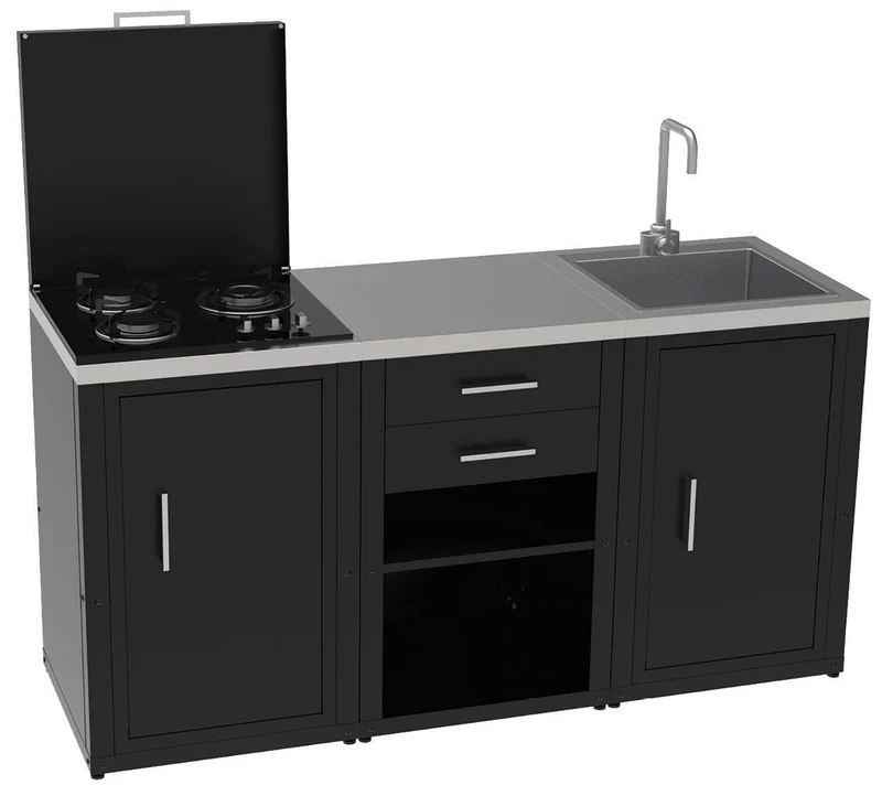 Composizione 3 Moduli Cucina Cucina 3 Fuochi a Gas + Armadietto con Cassetti + Mobile Lavandino Top in Acciaio Inox Nero