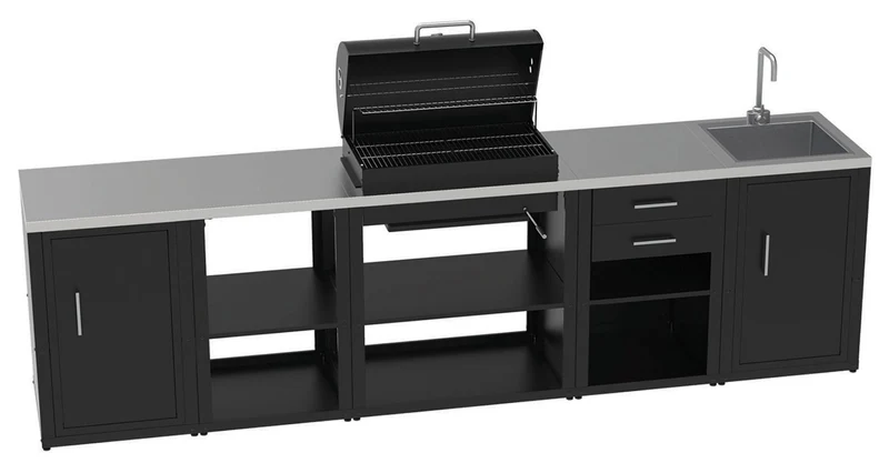 Composizione 5 Moduli Cucina BBQ + Armadietto con Cassetti + Mobile Lavandino + Armadietto con Anta + Unità d'Angolo Top in Acciaio Inox Nero