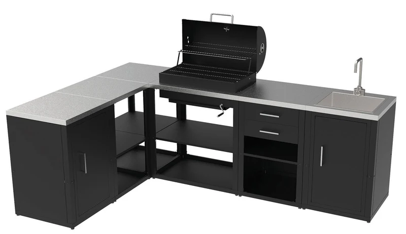 Composizione 6 Moduli Cucina BBQ + Armadietto con Cassetti + Mobile Lavandino + Armadietto con Anta + Unità d'Angolo x 2 Top in Acciaio Inox Nero