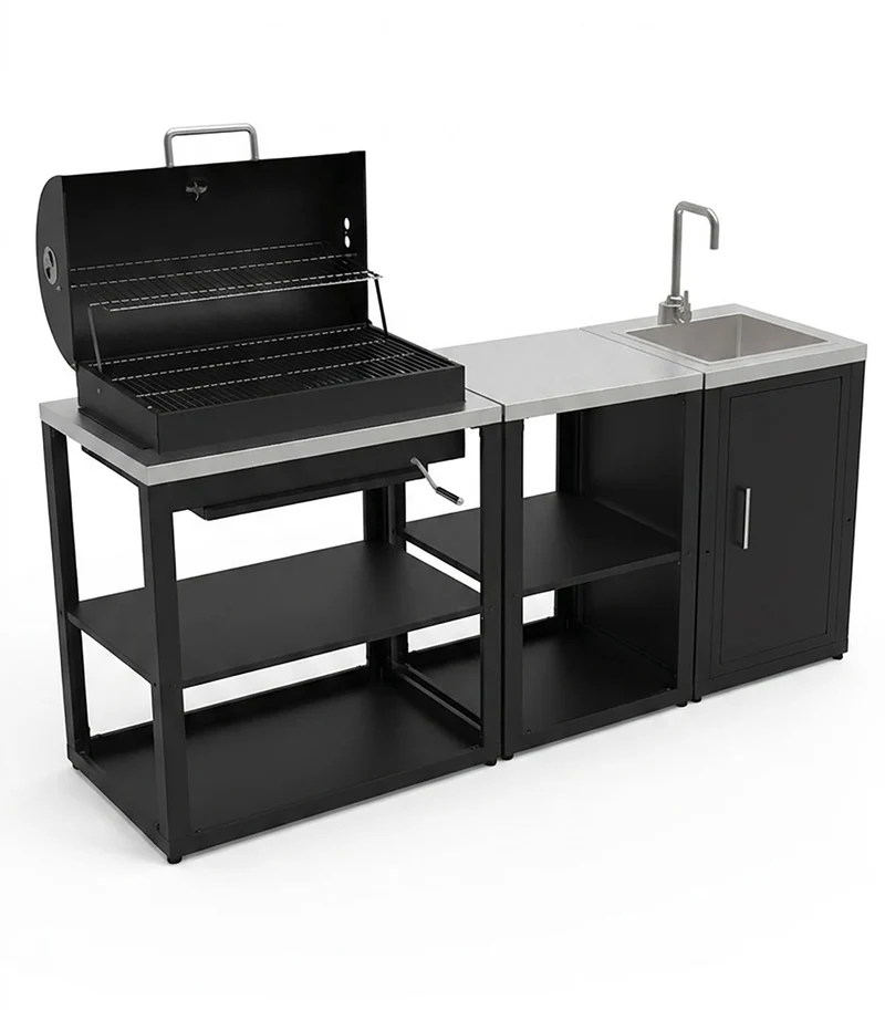 Composizione 3 Moduli Cucina BBQ + Unità d'Angolo Mobile Lavandino Top in Acciaio Inox Nero