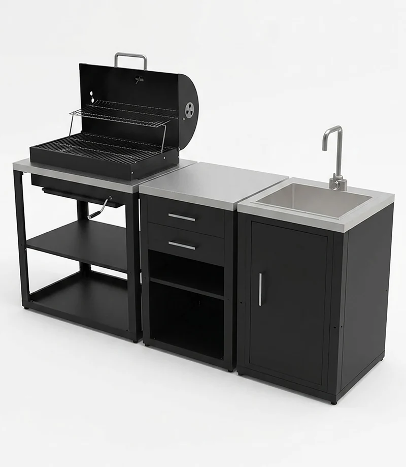 Composizione 3 Moduli Cucina BBQ + Armadietto con Cassetti + Mobile Lavandino Top in Acciaio Inox Nero