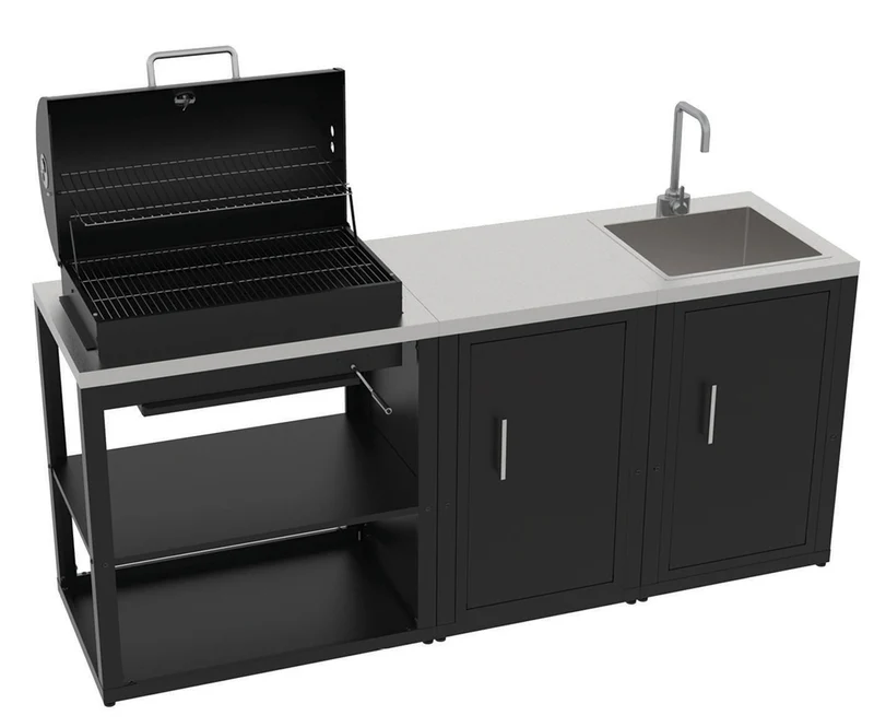 Composizione 3 Moduli Cucina BBQ + Armadietto con Anta + Mobile Lavandino Top in Acciaio Inox Nero