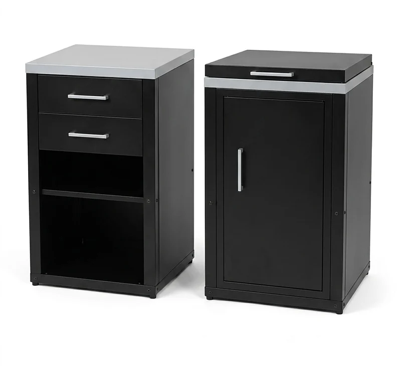 Composizione 2 Moduli Cucina Cucina 3 Fuochi a Gas + Armadietto con Cassetti Top in Acciaio Inox Nero
