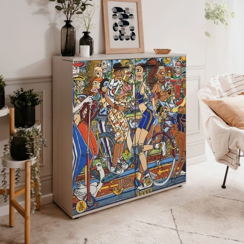 Scarpiera Move con 2 ante battenti decorate By Mauro Bergonzoli in stile pop art e 12 ripiani interni