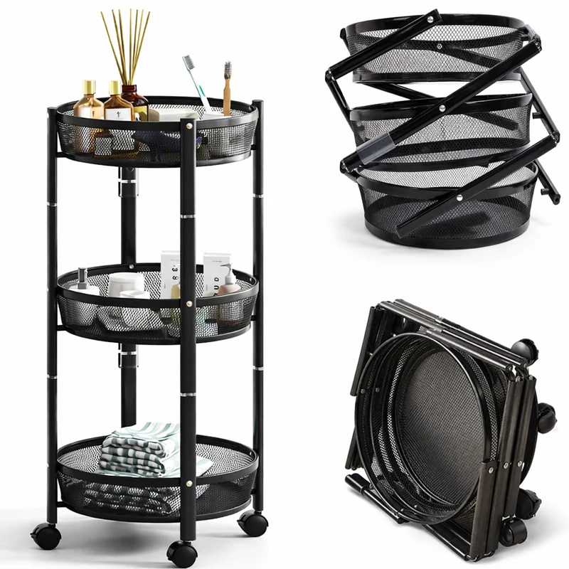 Carrello Pieghevole Salvaspazio Ø35x88 cm con 3 Ripiani Organizer Versatile in Metallo Nero
