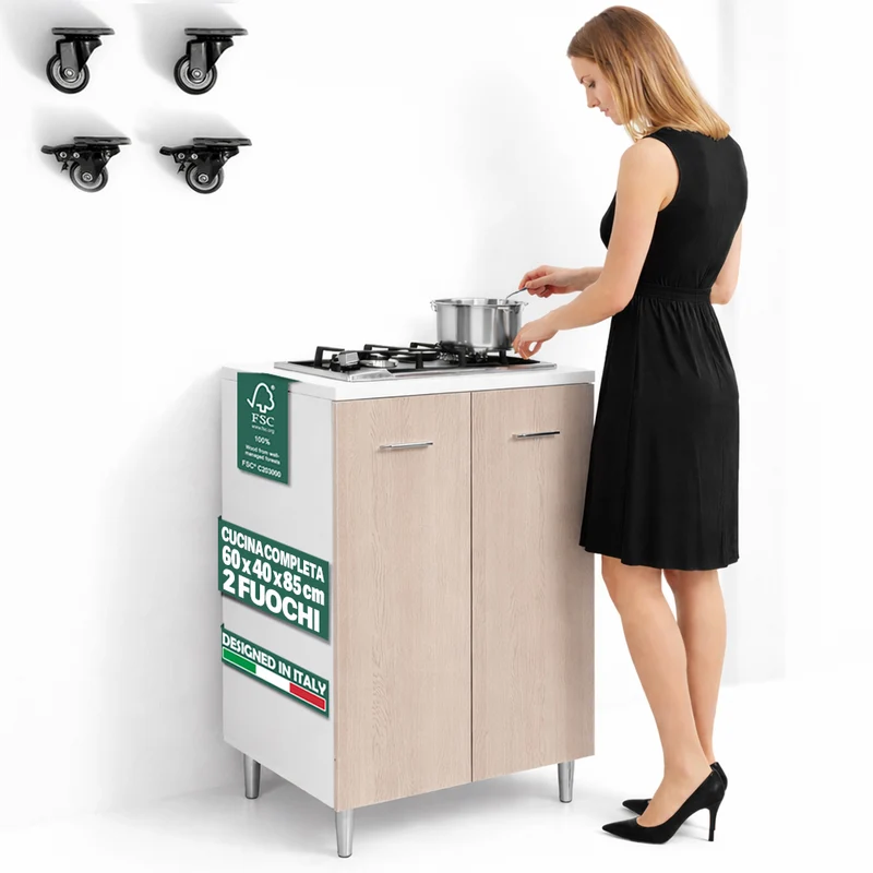 Mobile Cucina con Piano Cottura 2 Fuochi 60x40x85 cm con Piastre in Ghisa Olmo