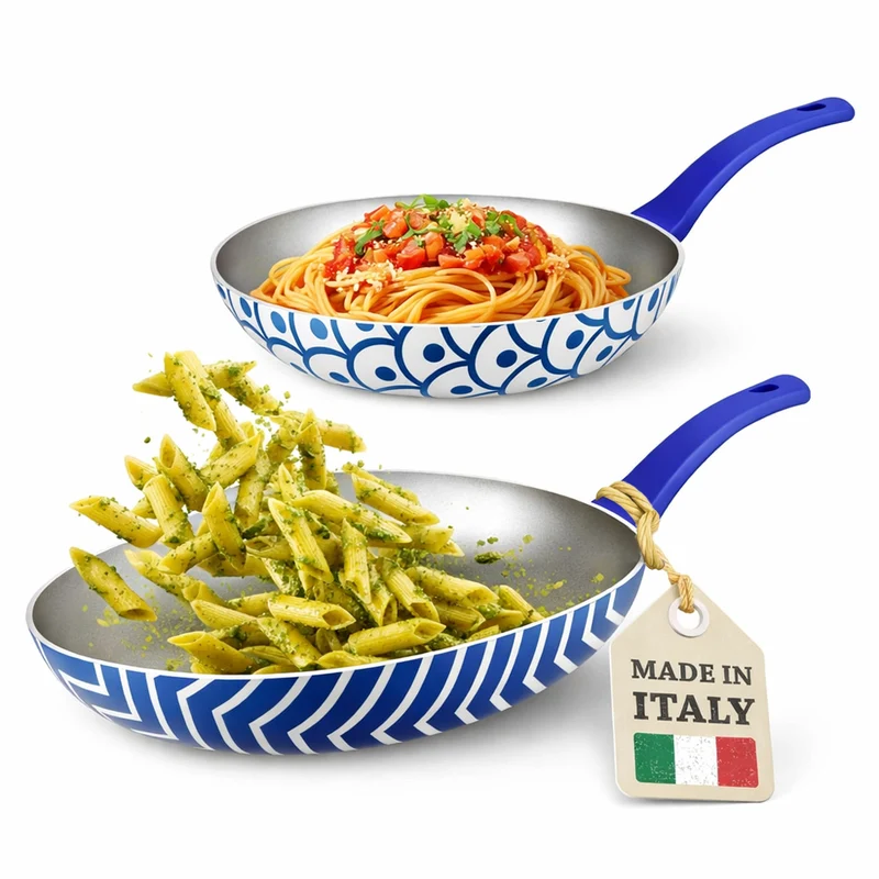 Set 2 Padelle Onda 24-28 cm Rivestimento Antiaderente con Manico Soft Touch Blu