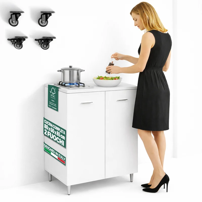 Mobile Cucina con Piano Cottura 2 Fuochi 80x60x85 cm con Piastre in Ghisa Bianco