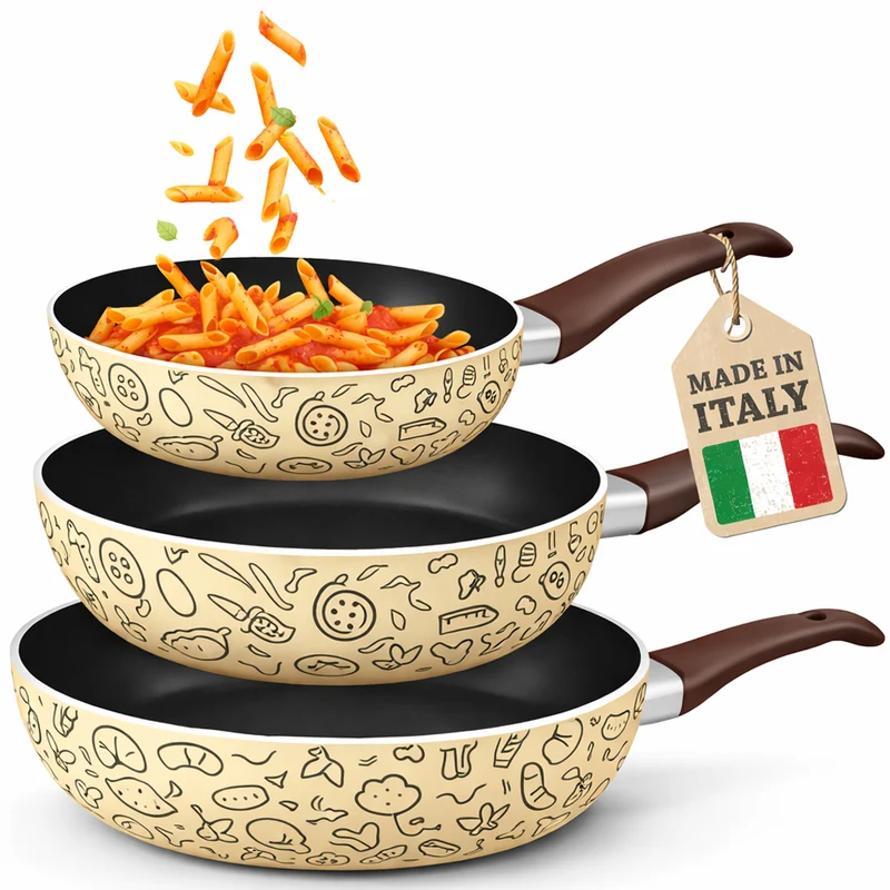 Set 3 Padelle Pastella 20-24-28 cm Antiaderente Manico Soft Touch Made in Italy Beige