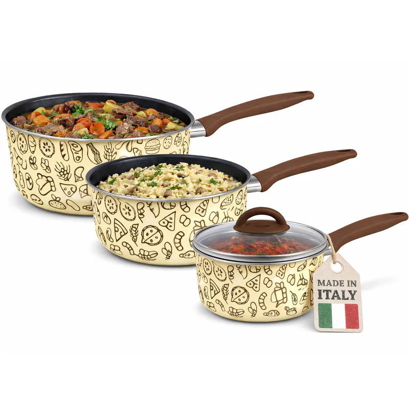 Set 3 Casseruole con 1 Coperchio Vetro e Manico Soft Touch Pentole 16-18-20 cm Beige