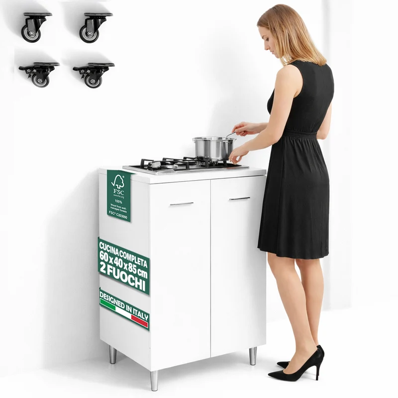 Mobile Cucina con Piano Cottura 2 Fuochi 60x40x85 cm con Piastre in Ghisa Bianco