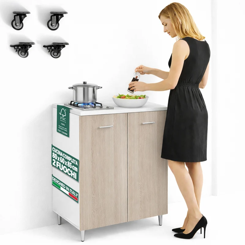 Mobile Cucina con Piano Cottura 2 Fuochi 80x60x85 cm con Piastre in Ghisa Olmo