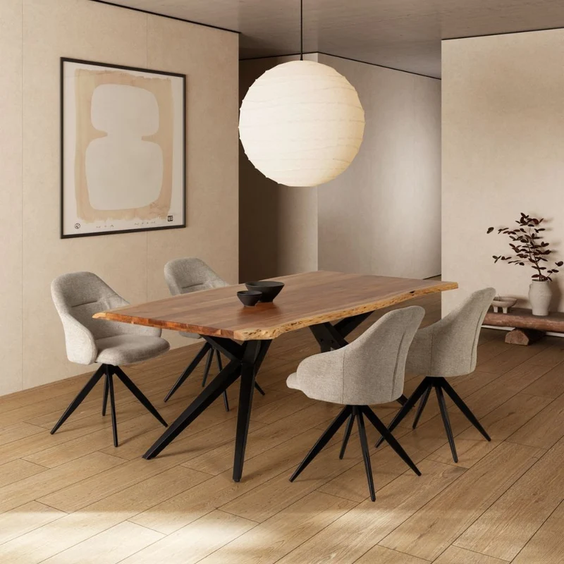 Tavolo rettangolare fisso Mudri con piano in legno massiccio acacia e gambe in metallo nero