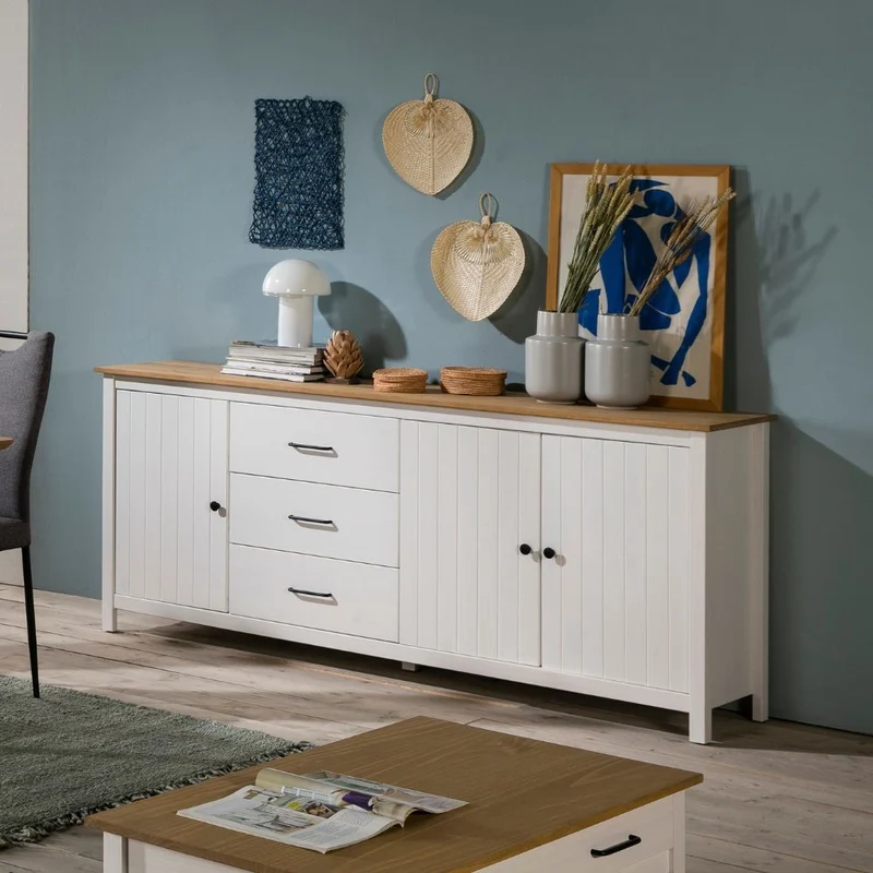 Credenza Miranda con 3 ante e 3 cassetti in legno massiccio bianco con top pino